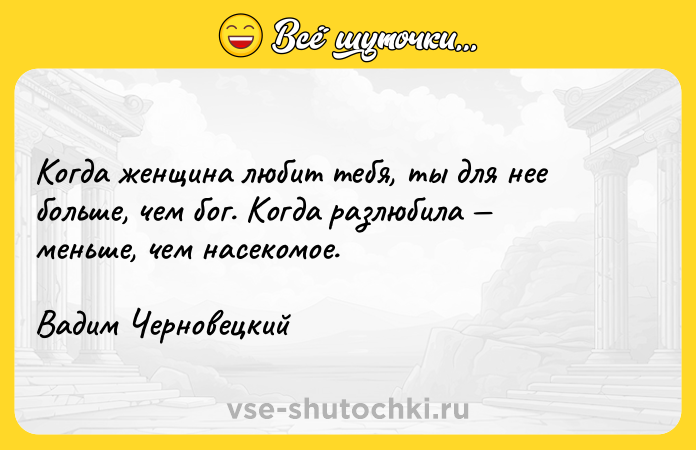 Цитата: Когда женщина любит тебя, ты для нее больше, чем бог. Когда разлюбила меньше, чем насекомое.Вадим Черновецкий