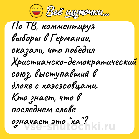 Шутка: По ТВ, комментируя выборы в Германии, сказали, что победил Христианско-демократический союз, выступавший в блоке с хаэсэсовцами. Кто знает, что в последнем слове означает это "ха"?