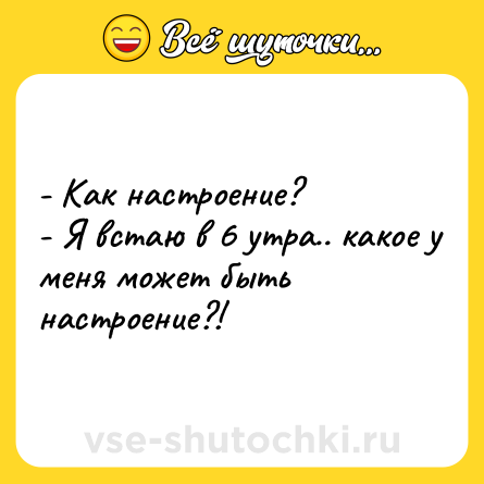 Шутка: - Как настроение?<br>- Я встаю в 6 утра.. какое у меня может быть настроение?!