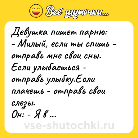 Шутка: Девушка пишет парню:<br>- Милый, если ты спишь - отправь мне свои сны. Если улыбаешься - отправь улыбку.Если плачешь - отправь свои слезы.<br>Он: - Я в туалете, что отправлять?
