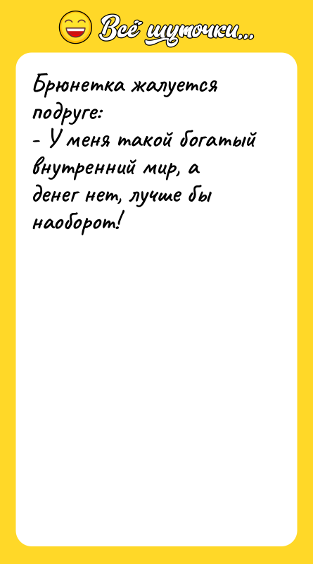 Брюнетка жалуется подруге: - У меня такой богатый внутренний мир,