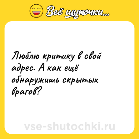 Шутка: Люблю критику в свой адрес. А как ещё обнаружишь скрытых врагов?