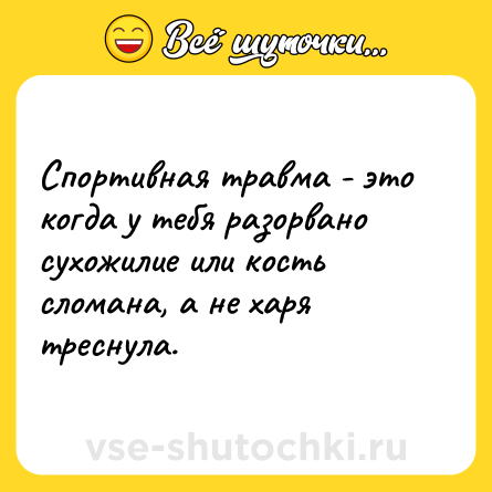 Шутка: Спортивная травма - это когда у тебя разорвано сухожилие или кость сломана, а не харя треснула.