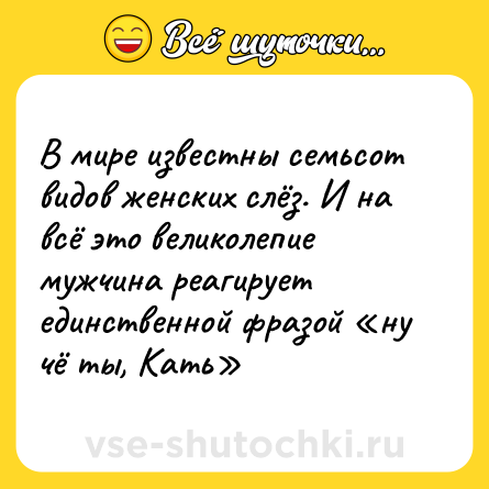 Шутка: В мире известны семьсот видов женских слёз. И на всё это великолепие мужчина реагирует единственной фразой «ну чё ты, Кать»