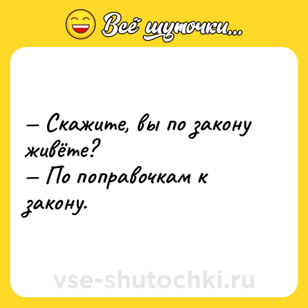 Шутка: — Скажите, вы по закону живёте?<br>— По поправочкам к закону.