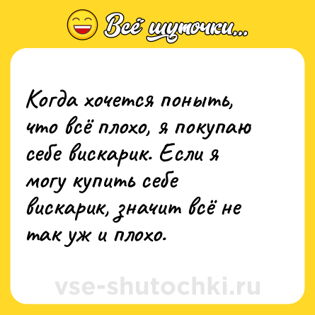 Шутка: Когда хочется поныть, что всё плохо, я покупаю себе вискарик. Если я могу купить себе вискарик, значит всё не так уж и плохо.