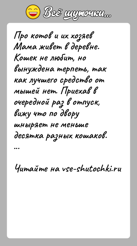 История: Про котов и их хозяевМама живет в деревне. Кошек не любит, но вынуждена терпеть, так как лучшего средство от мышей