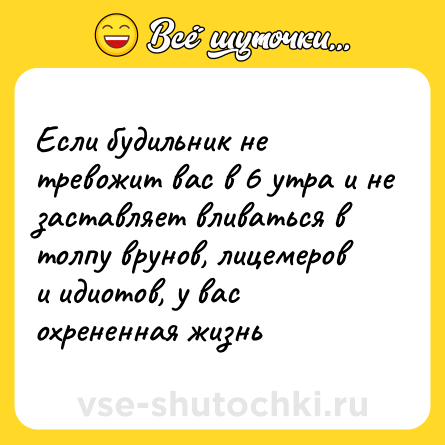Шутка: Если будильник не тревожит вас в 6 утра и не заставляет вливаться в толпу врунов, лицемеров и идиотов, у вас охрененная жизнь