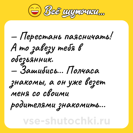 Шутка: — Перестань паясничать! А то завезу тебя в обезьянник.<br>— Зашибись… Полчаса знакомы, а он уже везет меня со своими родителями знакомить…