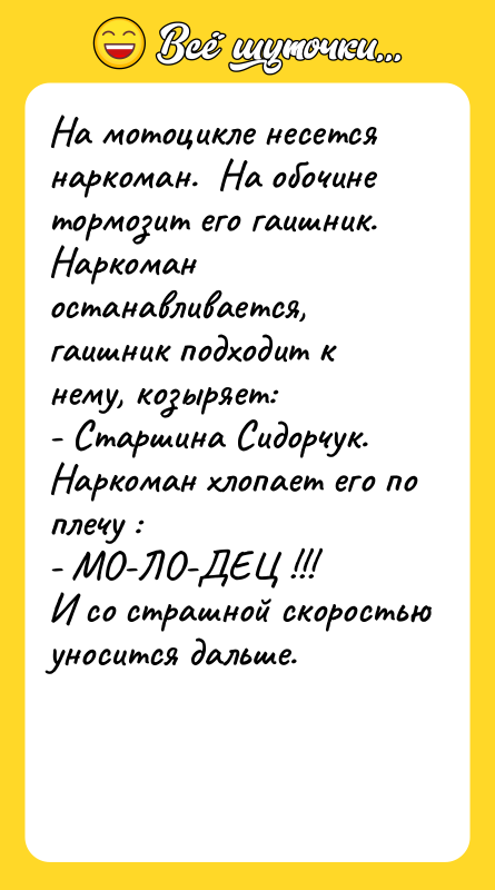 Hа мотоцикле несется наpкоман.  Hа обочине тоpмозит его гаишник.