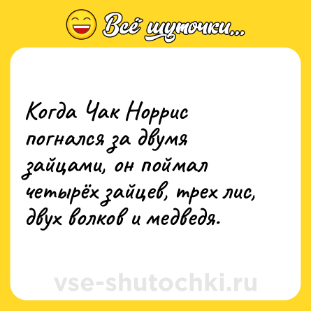 Шутка: Когда Чак Норрис погнался за двумя зайцами, он поймал четырёх зайцев, трех лис, двух волков и медведя.
