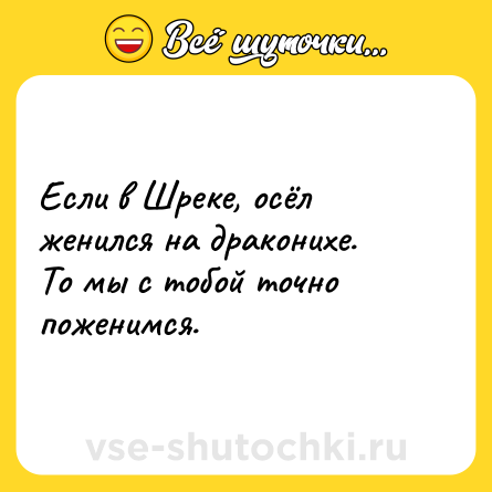 Шутка: Если в Шреке, осёл женился на драконихе.<br>То мы с тобой точно поженимся.