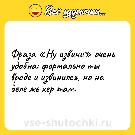 Шутка: Фраза «Ну извини» очень удобна: формально ты вроде и извинился, но на деле же хер там.