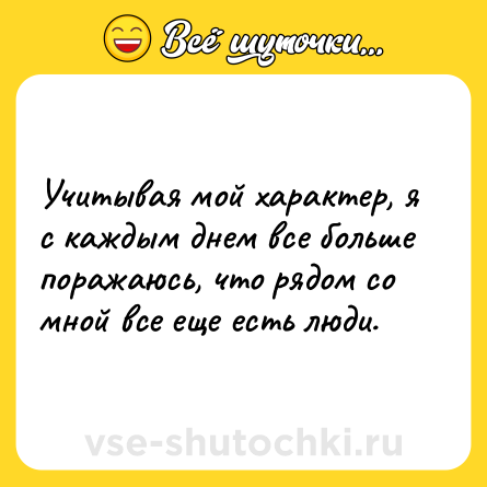 Шутка: Учитывая мой характер, я с каждым днем все больше поражаюсь, что рядом со мной все еще есть люди.