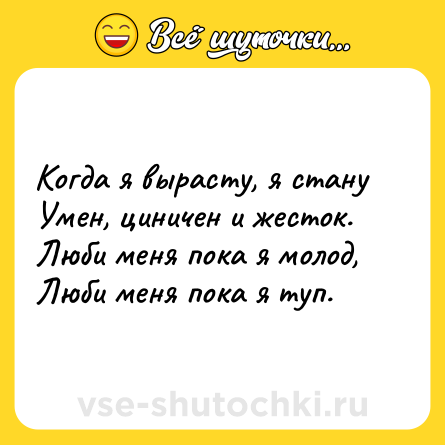Шутка: Когда я вырасту, я стану <br>Умен, циничен и жесток.<br>Люби меня пока я молод,<br>Люби меня пока я туп.