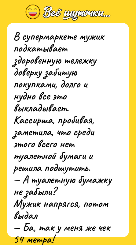 В супермаркете мужик подкатывает здоровенную тележку доверху забитую покупками, долго