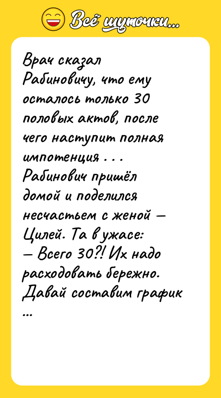 Вpач сказал Рабиновичу, что ему осталось только 30 половых актов,