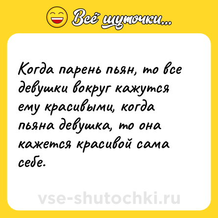 Шутка: Когда парень пьян, то все девушки вокруг кажутся ему красивыми, когда пьяна девушка, то она кажется красивой сама себе.