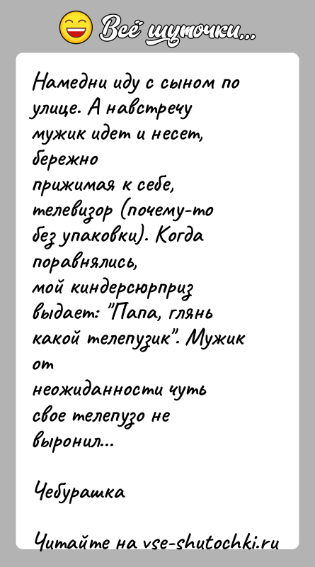 История: Намедни иду с сыном по улице. А навстречу мужик идет и несет, бережноприжимая к себе, телевизор (почему-то без упаковки). Когда