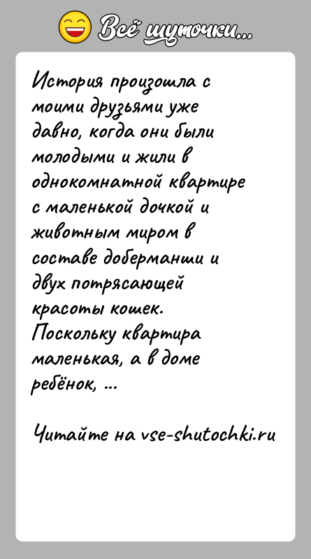 История: История произошла с моими друзьями уже давно, когда они были молодыми и жили в однокомнатной квартире с маленькой дочкой и