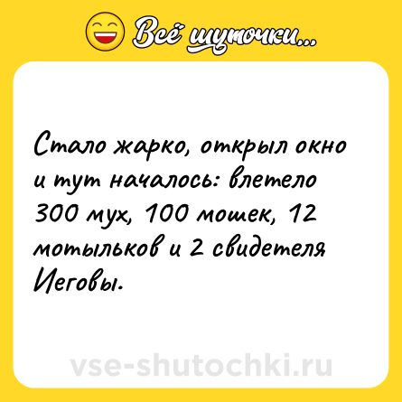 Шутка: Стало жарко, открыл окно и тут началось: влетело 300 мух, 100 мошек, 12 мотыльков и 2 свидетеля Иеговы.