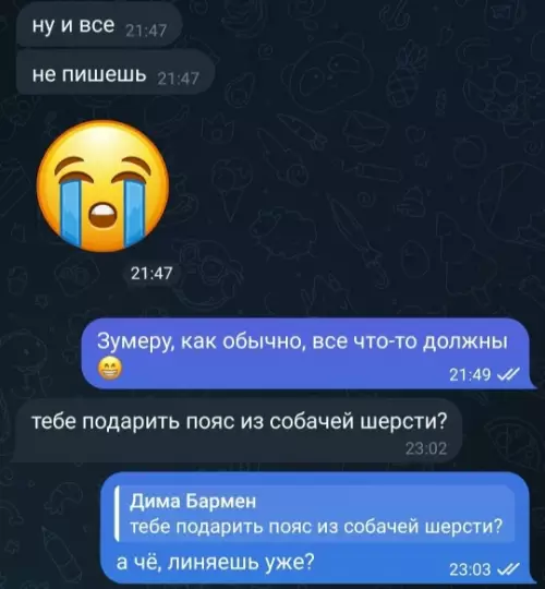 Когда подруга переходит на личности 😂🐶 - ну и все 21:47 не пишешь 21:47 21:47 Зумеру, как
