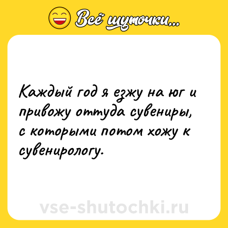 Шутка: Каждый год я езжу на юг и привожу оттуда сувениры, с которыми потом хожу к сувенирологу.
