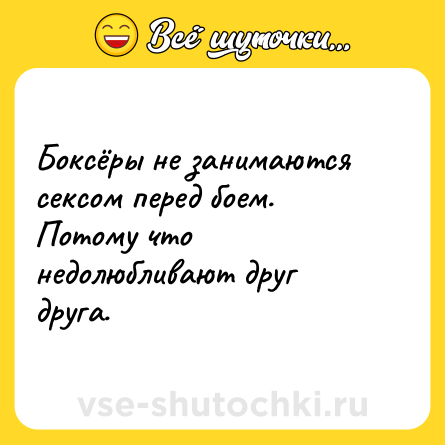 Шутка: Боксёры не занимаются сексом перед боем. Потому что недолюбливают друг друга.