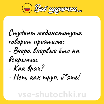 Шутка: Студент мединститута говорит приятелю:<br>- Вчера впервые был на вскрытии.<br>- Как врач?<br>- Нет, как труп, б*ять!