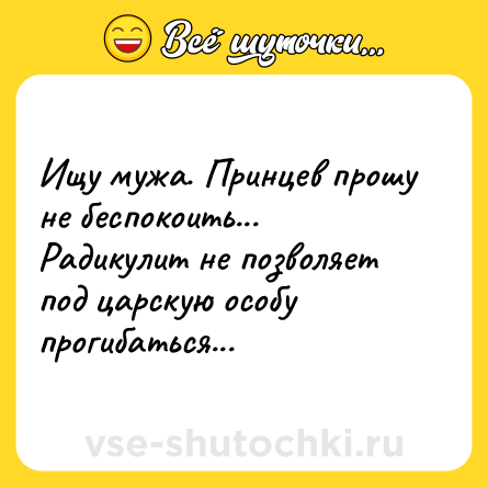 Шутка: Ищу мужа. Принцев прошу не беспокоить... Радикулит не позволяет под царскую особу прогибаться...
