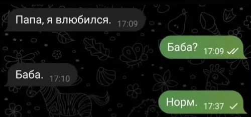 Когда папа — мастер кратких диалогов 😂 - Папа, я влюбился. Баба? Баба. Норм.