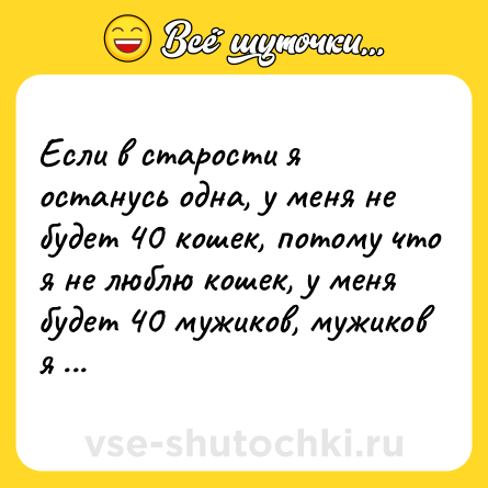 Шутка: Если в старости я останусь одна, у меня не будет 40 кошек, потому что я не люблю кошек, у меня будет 40 мужиков, мужиков я люблю