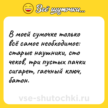Шутка: В моей сумочке только всё самое необходимое: старые наушники, сто чеков, три пустых пачки сигарет, гаечный ключ, батон.