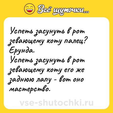 Шутка: Успеть засунуть в рот зевающему коту палец? Ерунда. <br>Успеть засунуть в рот зевающему коту его же заднюю лапу - вот оно мастерство.