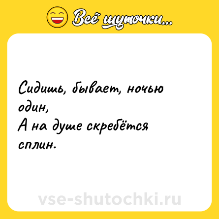 Шутка: Cидишь, бывает, ночью один, <br>A на душе скребётся сплин.
