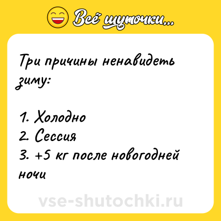 Шутка: Три причины ненавидеть зиму: <br><br>1. Холодно <br>2. Сессия <br>3. +5 кг после новогодней ночи