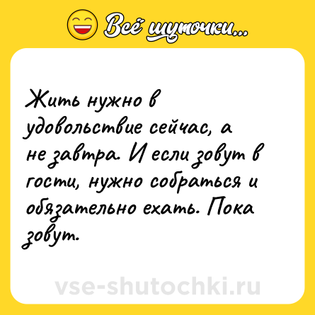 Шутка: Жить нужно в удовольствие сейчас, а не завтра. И если зовут в гости, нужно собраться и обязательно ехать. Пока зовут.