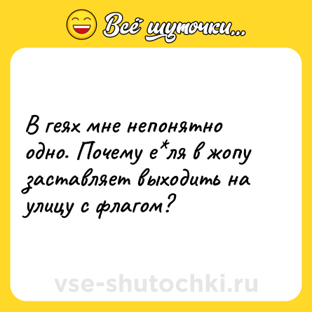 Шутка: В геях мне непонятно одно. Почему е*ля в жопу заставляет выходить на улицу с флагом?