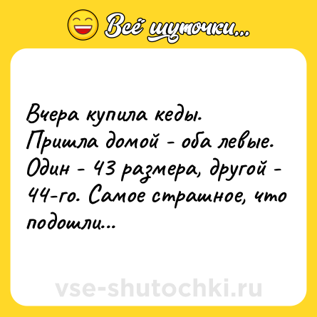 Шутка: Вчера купила кеды. Пришла домой - оба левые. Один - 43 размера, другой - 44-го. Самое страшное, что подошли...