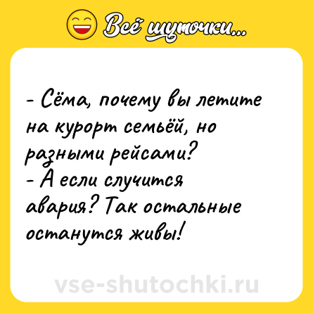 Шутка: - Сёма, почему вы летите на курорт семьёй, но разными рейсами?<br>- А если случится авария? Так остальные останутся живы!