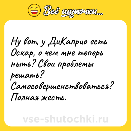 Шутка: Ну вот, у ДиКаприо есть Оскар, о чем мне теперь ныть? Свои проблемы решать? Самосовершенствоваться? Полная жесть.