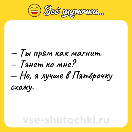 Шутка: — Ты прям как магнит.<br>— Тянет ко мне?<br>— Не, я лучше в Пятёрочку схожу.