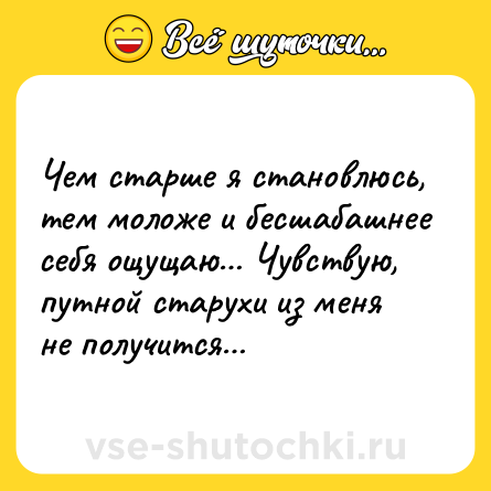 Шутка: Чем старше я становлюсь, тем моложе и бесшабашнее себя ощущаю… Чувствую, путной старухи из меня не получится…