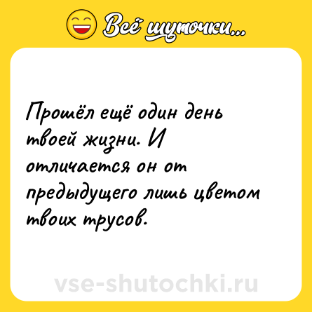 Шутка: Прошёл ещё один день твоей жизни. И отличается он от предыдущего лишь цветом твоих трусов.