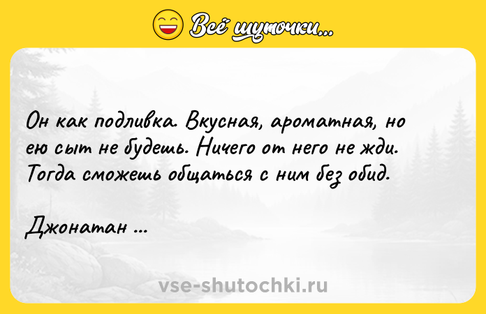 Цитата: Он как подливка. Вкусная, ароматная, но ею сыт не будешь. Ничего от него не жди. Тогда сможешь общаться с ним без обид.Джонатан Троппер Всё к лучшему