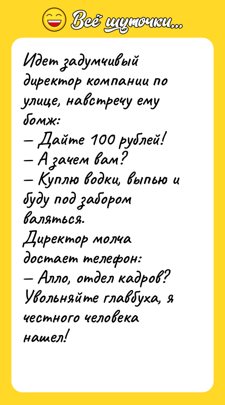 Идет задумчивый директор компании по улице, навстречу ему бомж: