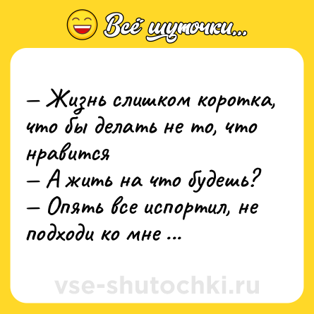 Шутка: — Жизнь слишком коротка, что бы делать не то, что нравится <br>— А жить на что будешь? <br>— Опять все испортил, не подходи ко мне больше