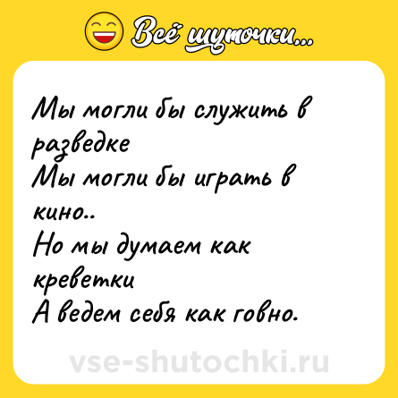 Шутка: Мы могли бы служить в разведке<br>Мы могли бы играть в кино..<br>Но мы думаем как креветки<br>А ведем себя как говно.