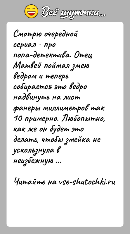 История: Смотрю очередной сериал - про попа-детектива. Отец Матвей поймал змею ведром и теперь собирается это ведро надвинуть на лист фанеры