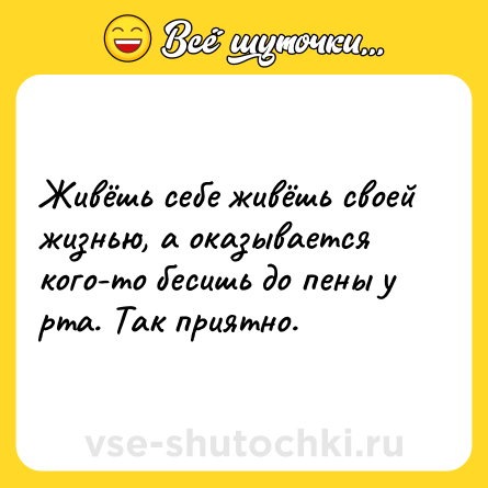 Шутка: Живёшь себе живёшь своей жизнью, а оказывается кого-то бесишь до пены у рта. Так приятно.